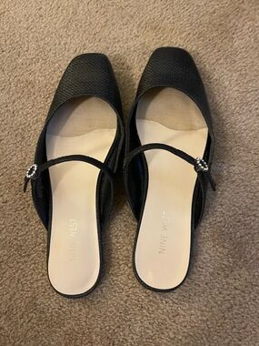 Nine West Black Textured Mary Jane Mules with Rhinestone Buckles
